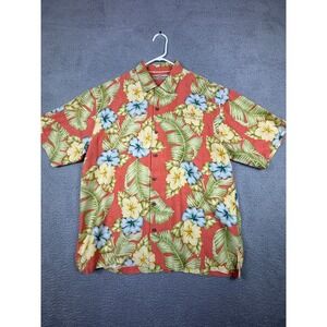 Tommy Bahama Mens Silk Hawaiian Shirt Coral Floral KENWOOD VINEYARDS Button Up L